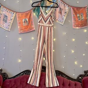 One piece striped linen romper.